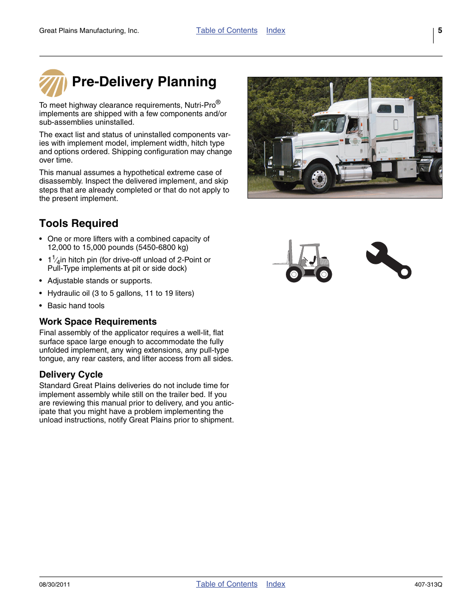 Pre-delivery planning, Tools required, Work space requirements | Delivery cycle, Pre-delivery planning tools required, Work space requirements delivery cycle | Great Plains NP30A 30-foot Predelivery Manual User Manual | Page 9 / 50