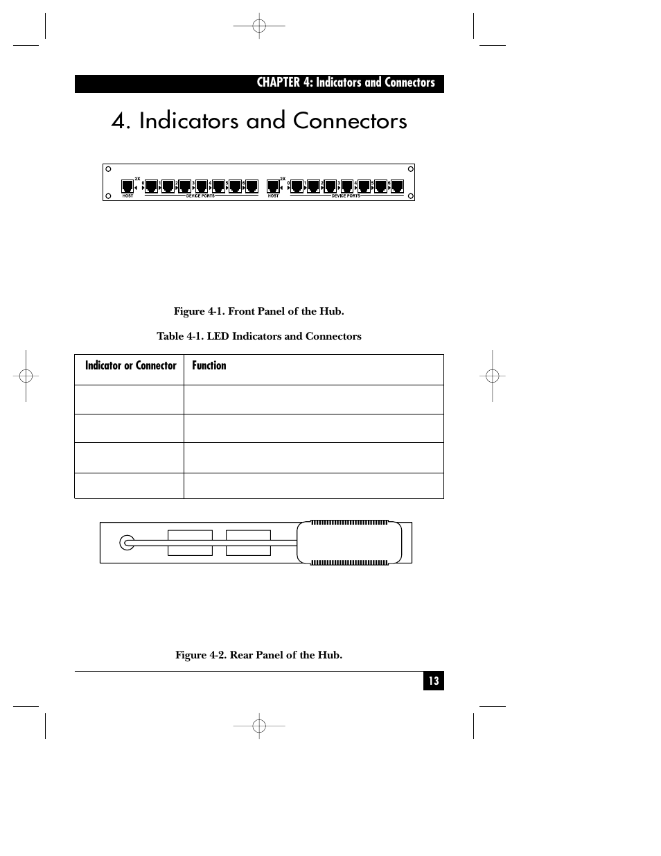 Indicators and connectors, Chapter 4: indicators and connectors, Indicator or connector function | Figure 4-2. rear panel of the hub | Black Box ACTIVE STAR HUB RJ-11 User Manual | Page 14 / 18