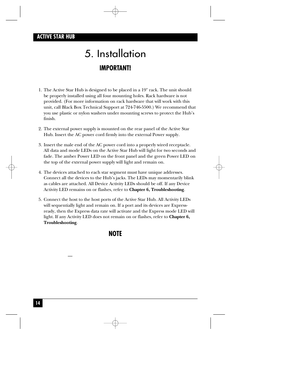 Installation, Important | Black Box ACTIVE STAR HUB RJ-11 User Manual | Page 15 / 18