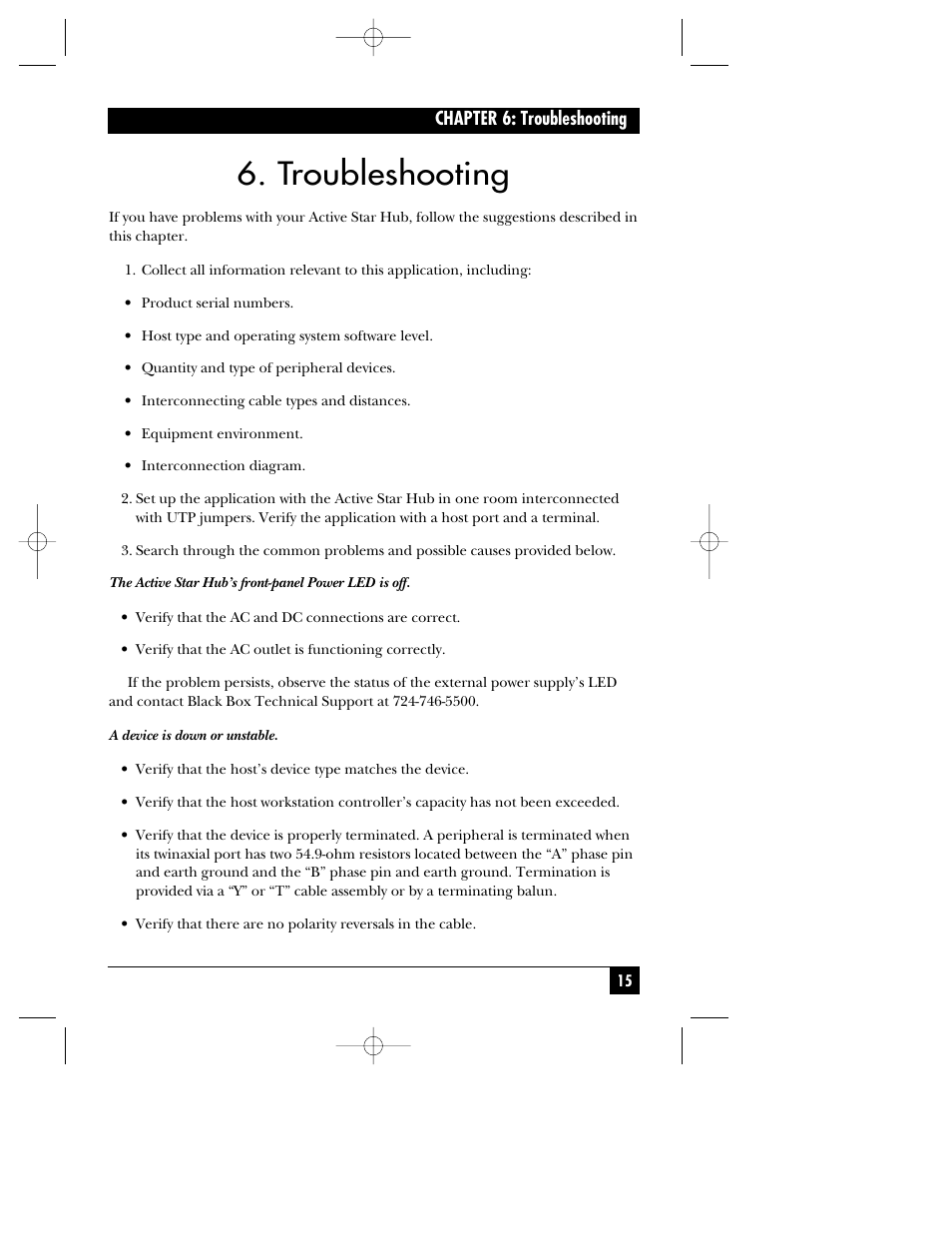 Troubleshooting | Black Box ACTIVE STAR HUB RJ-11 User Manual | Page 16 / 18