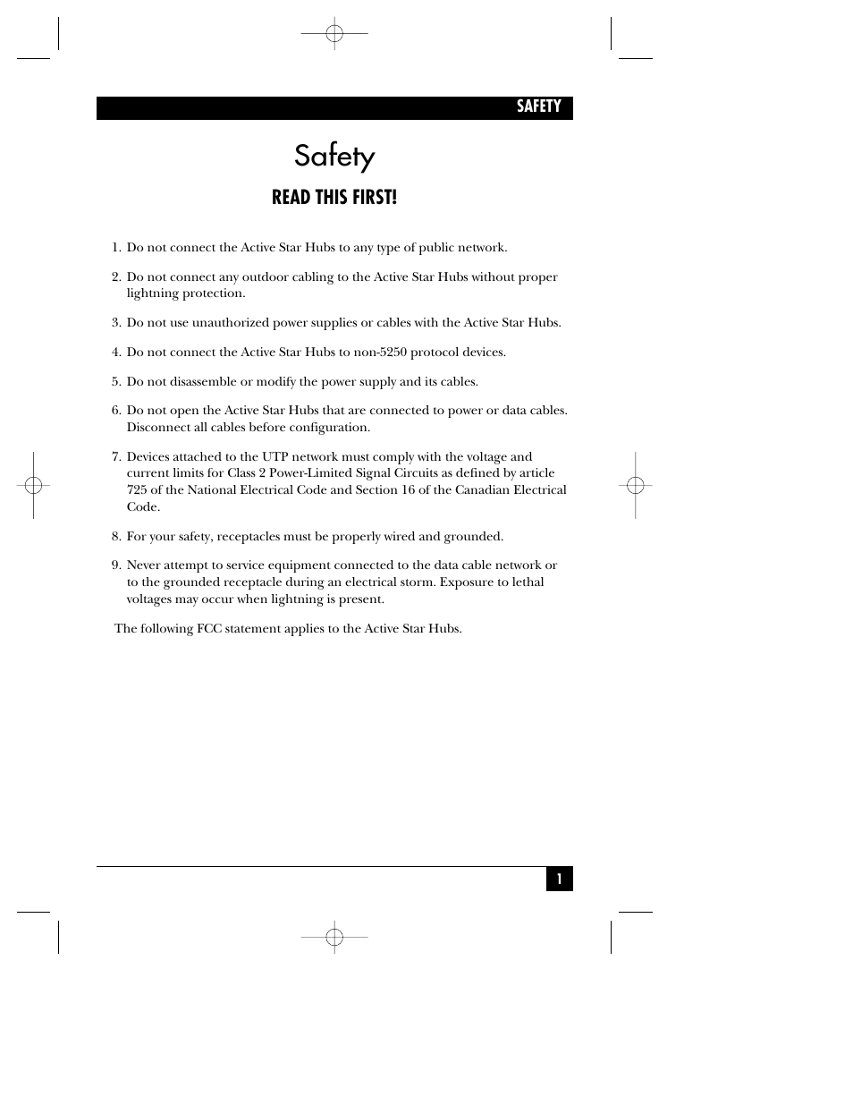 Safety, Read this first | Black Box ACTIVE STAR HUB RJ-11 User Manual | Page 2 / 18
