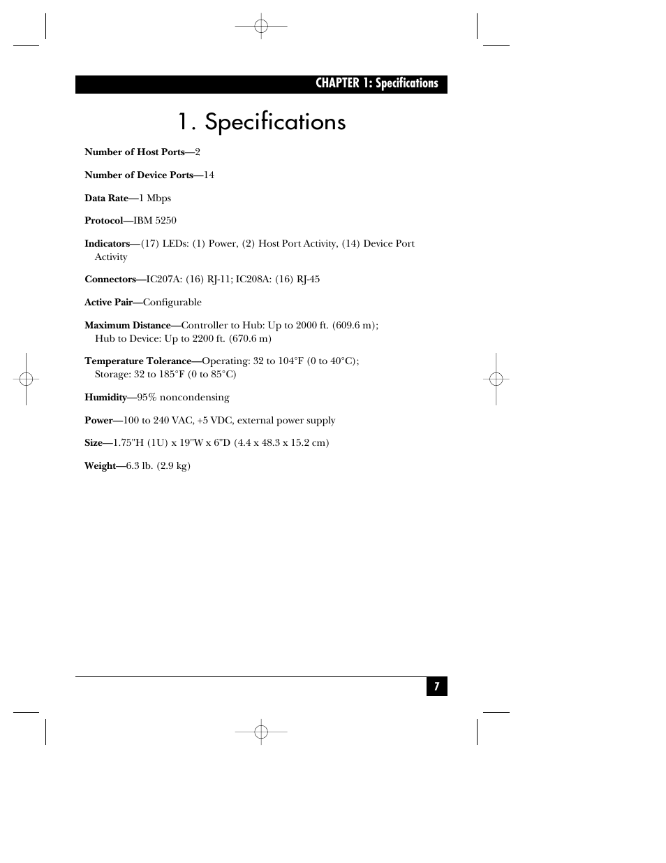 Specifications | Black Box ACTIVE STAR HUB RJ-11 User Manual | Page 8 / 18