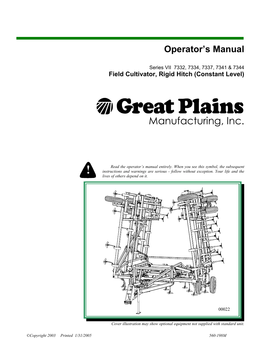 Great Plains 7344 Series VII Field Cultivator-Rigid Hitch Operator Manual User Manual | 57 pages