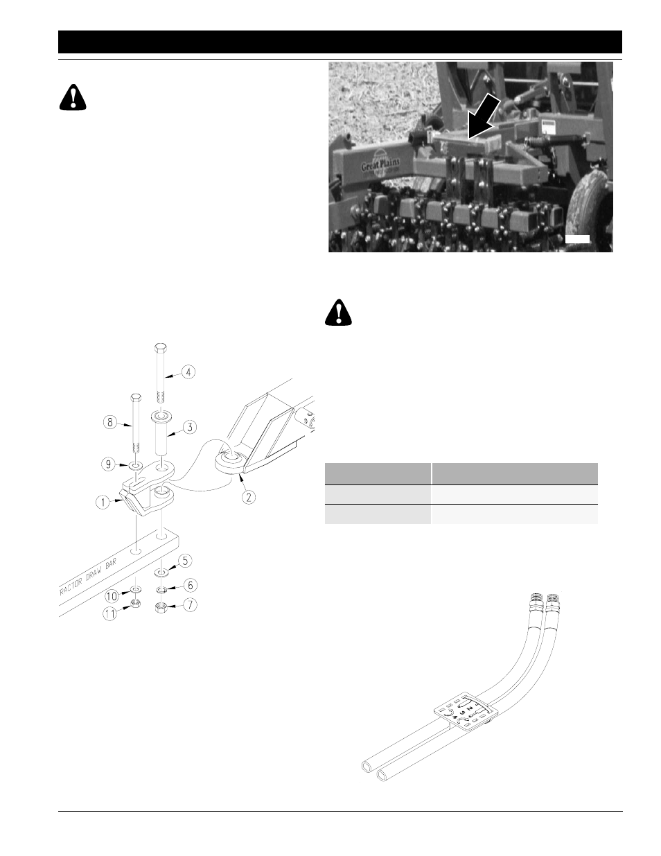 Danger, Warning, Hitching tractor to implement | Hydraulic hook-up | Great Plains CP1000 Operator Manual User Manual | Page 13 / 46