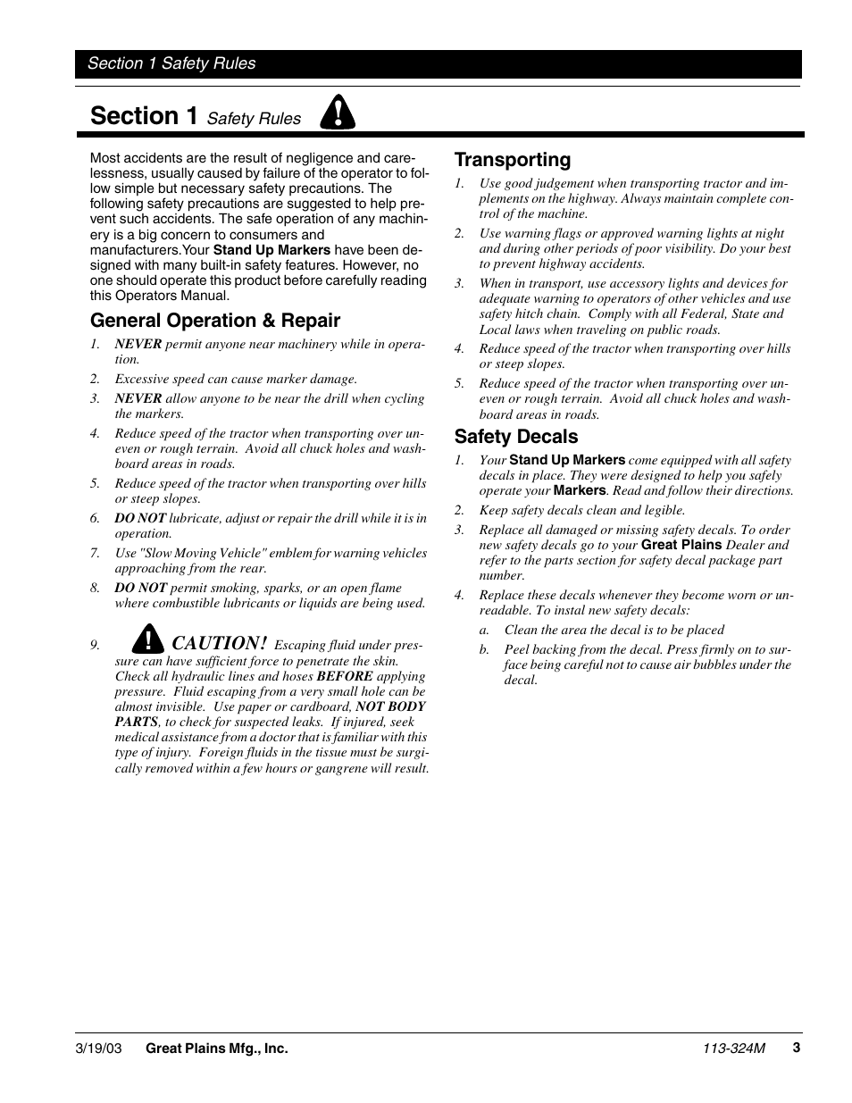 General operation & repair, Caution, Transporting | Safety decals | Great Plains 3-Point Solid Stand Drills User Manual | Page 5 / 23