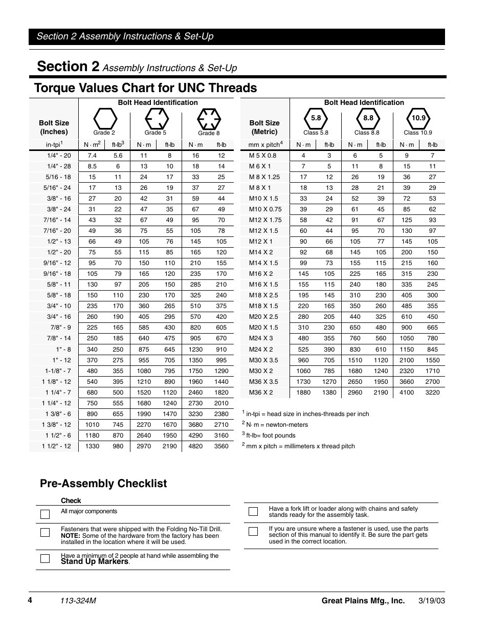 Torque values chart for unc threads, Pre-assembly checklist, Assembly instructions & set-up | Great Plains 3-Point Solid Stand Drills User Manual | Page 6 / 23
