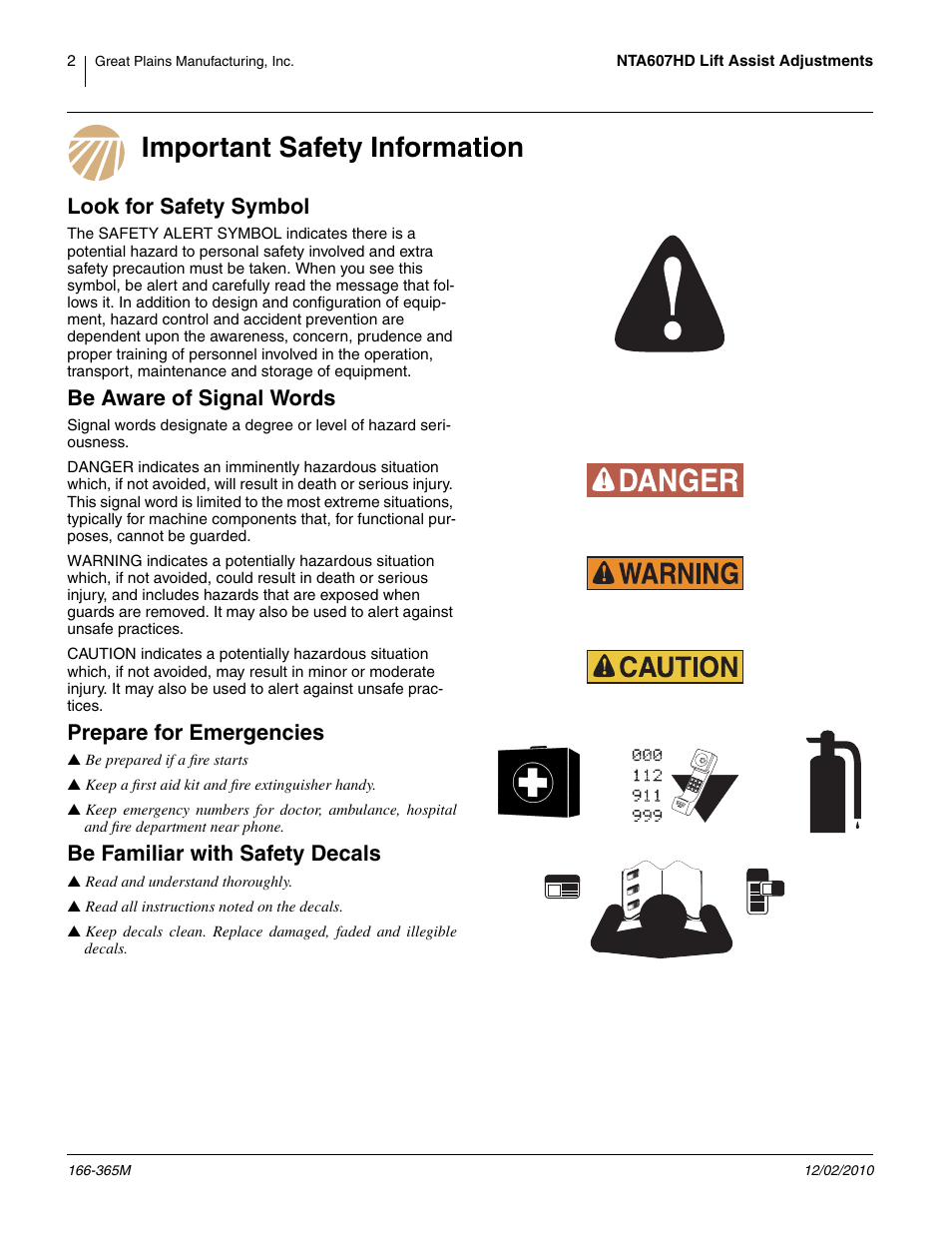 Important safety information, Look for safety symbol, Be aware of signal words | Prepare for emergencies, Be familiar with safety decals | Great Plains NTA607HD Operator Manual User Manual | Page 2 / 12