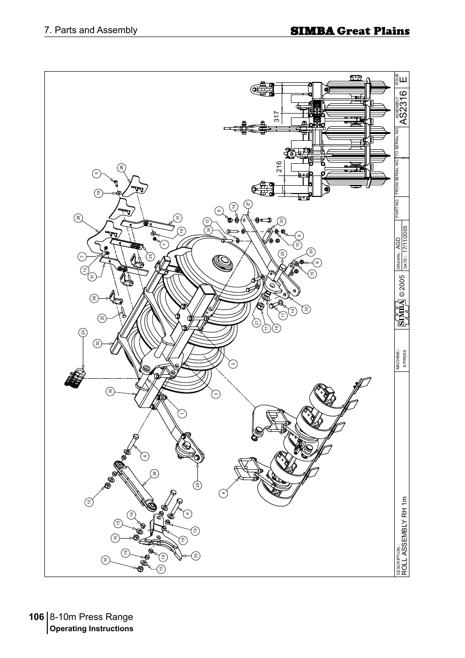 10m press range, 106 7. parts and assembly, Eas 23 16 | Operating instructions, Si m b a, Ro ll a ss em b ly r h 1 m | Great Plains P18140C Operator Manual User Manual | Page 106 / 230
