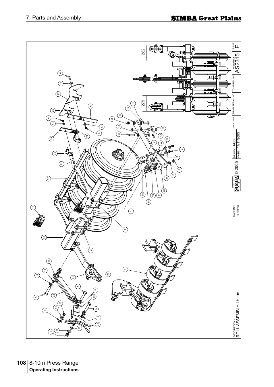 10m press range, 108 7. parts and assembly, Eas 23 15 | Operating instructions, Si m b a, Ro ll a ss em b ly l h 1 m | Great Plains P18140C Operator Manual User Manual | Page 108 / 230