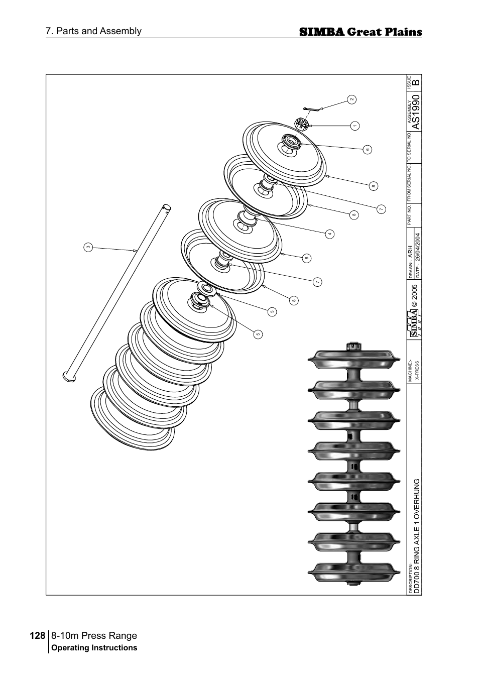 10m press range, 128 7. parts and assembly, Bas 19 90 | Operating instructions, Sim b a | Great Plains P18140C Operator Manual User Manual | Page 128 / 230