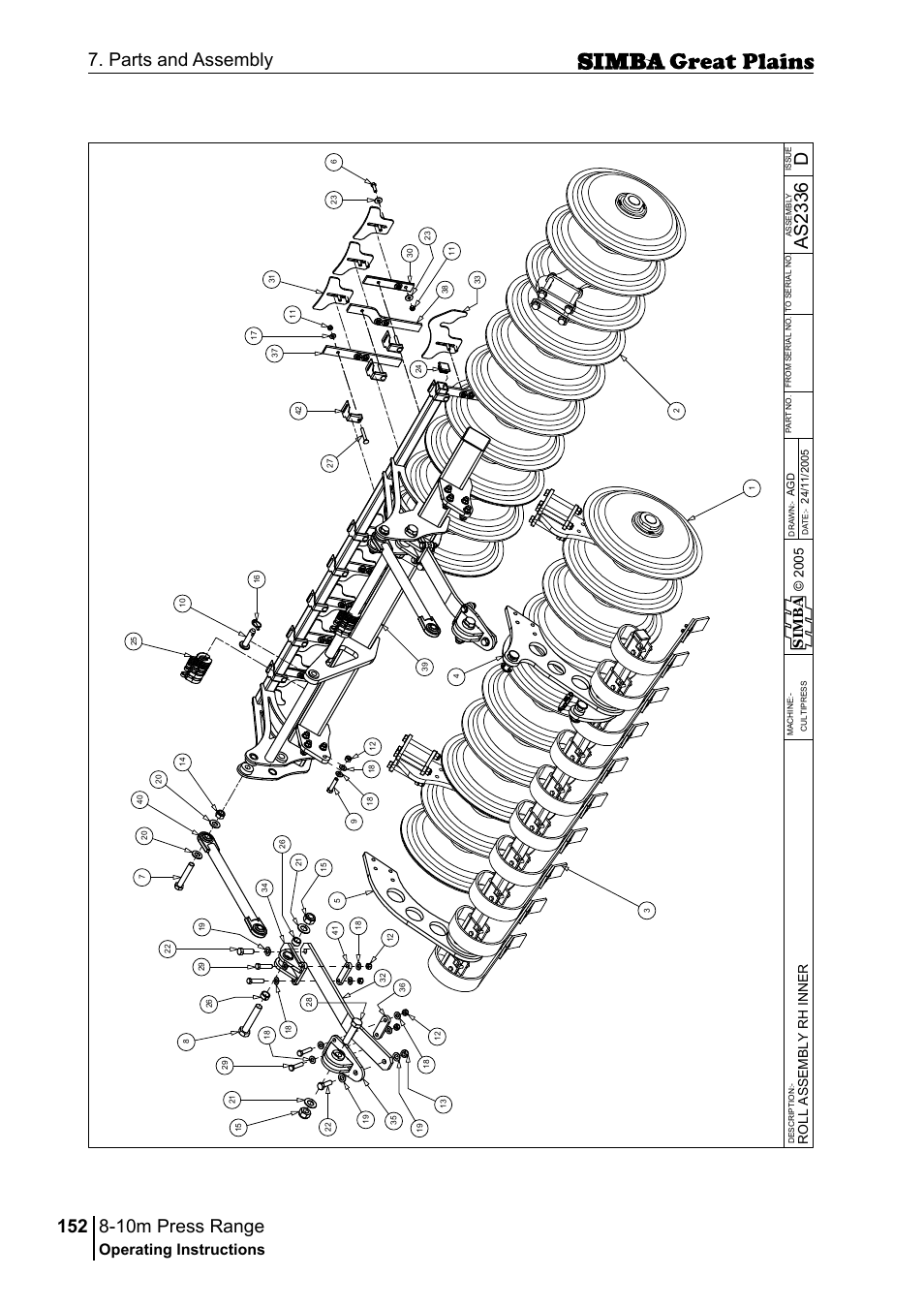 10m press range, 152 7. parts and assembly, Das 23 36 | Operating instructions, Si m b a, Ro ll a ss em b ly r h in n e r | Great Plains P18140C Operator Manual User Manual | Page 152 / 230