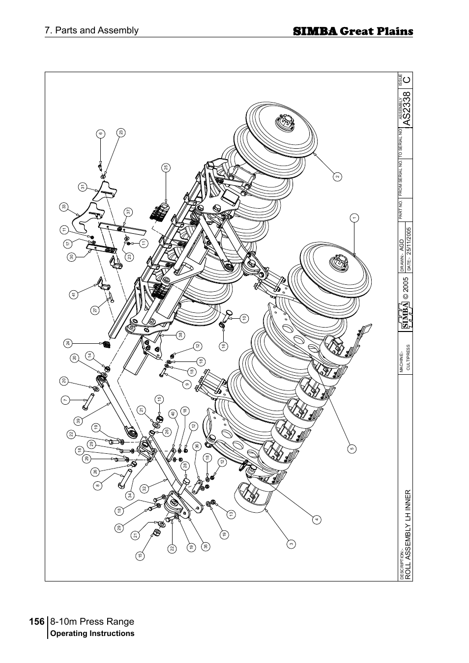 10m press range, 156 7. parts and assembly, Cas 23 38 | Operating instructions, Si m b a, Ro ll a ss em b ly l h in n e r | Great Plains P18140C Operator Manual User Manual | Page 156 / 230
