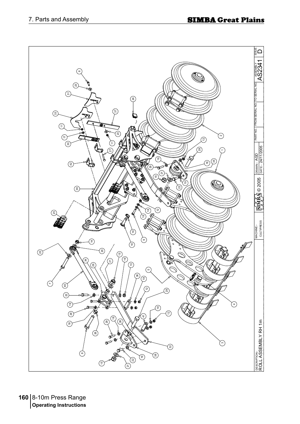 10m press range, 160 7. parts and assembly, Das 23 41 | Operating instructions, Si m b a, Ro ll a ss em b ly r h 1 m | Great Plains P18140C Operator Manual User Manual | Page 160 / 230