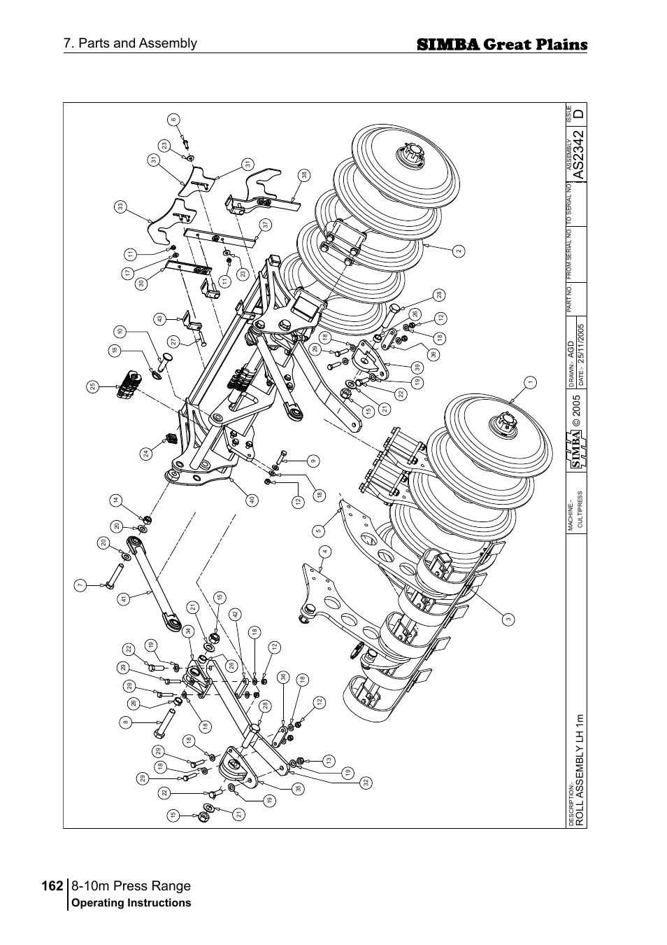 10m press range, 162 7. parts and assembly, Das 23 42 | Operating instructions, Si m b a, Ro ll a ss em b ly l h 1 m | Great Plains P18140C Operator Manual User Manual | Page 162 / 230
