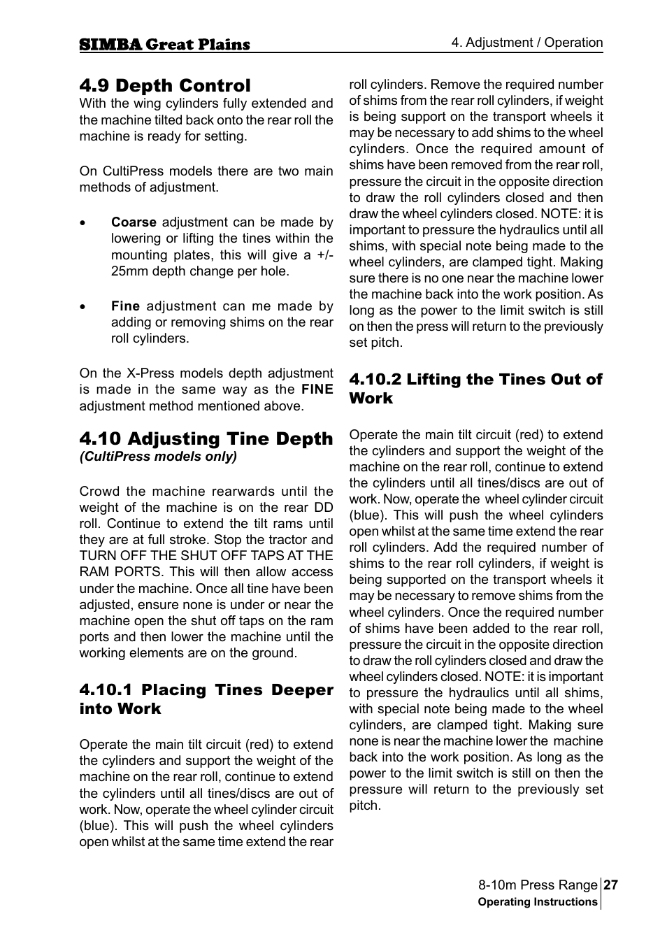 10 adjusting tine depth, 9 depth control | Great Plains P18140C Operator Manual User Manual | Page 27 / 230
