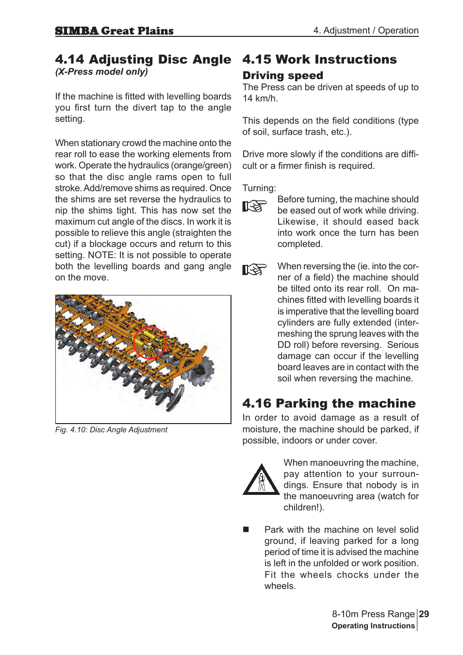 16 parking the machine, 15 work instructions, 14 adjusting disc angle | Great Plains P18140C Operator Manual User Manual | Page 29 / 230