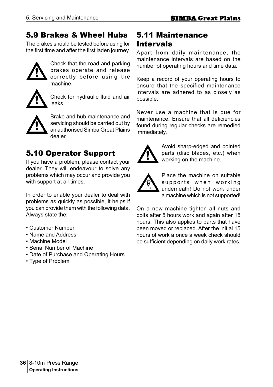 11 maintenance intervals, 10 operator support, 9 brakes & wheel hubs | Great Plains P18140C Operator Manual User Manual | Page 36 / 230