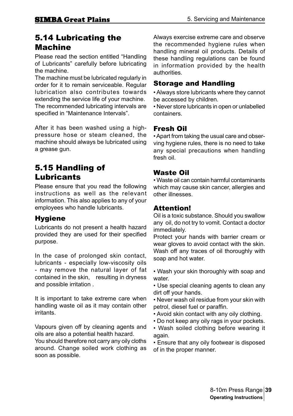 14 lubricating the machine, 15 handling of lubricants | Great Plains P18140C Operator Manual User Manual | Page 39 / 230