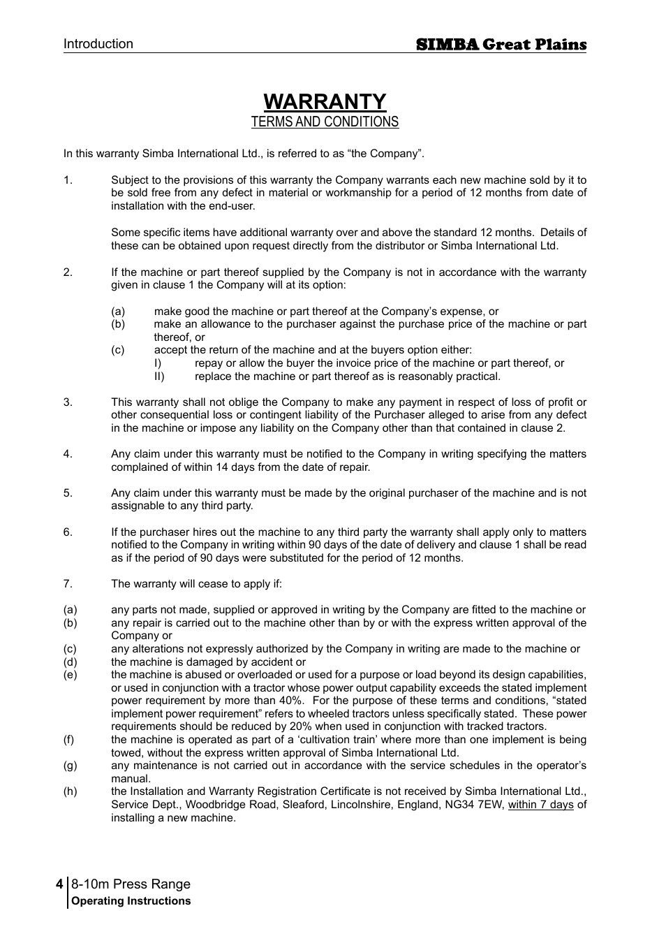 Warranty, Terms and conditions | Great Plains P18140C Operator Manual User Manual | Page 4 / 230
