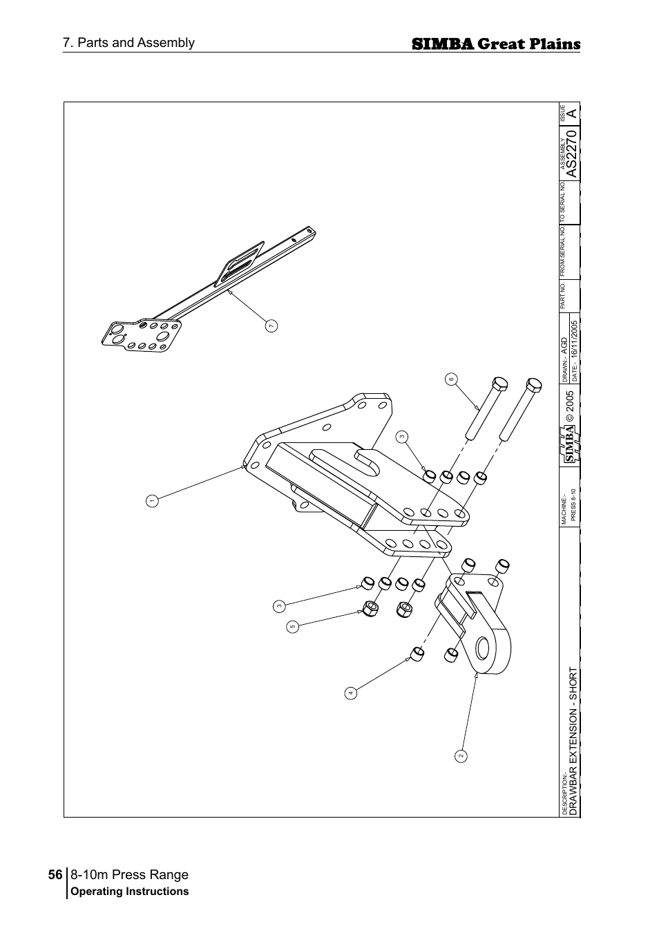 10m press range, 56 7. parts and assembly, Aas 22 70 | Operating instructions, Si m b a, Dr aw ba r e xt en si o n - sh o r t | Great Plains P18140C Operator Manual User Manual | Page 56 / 230