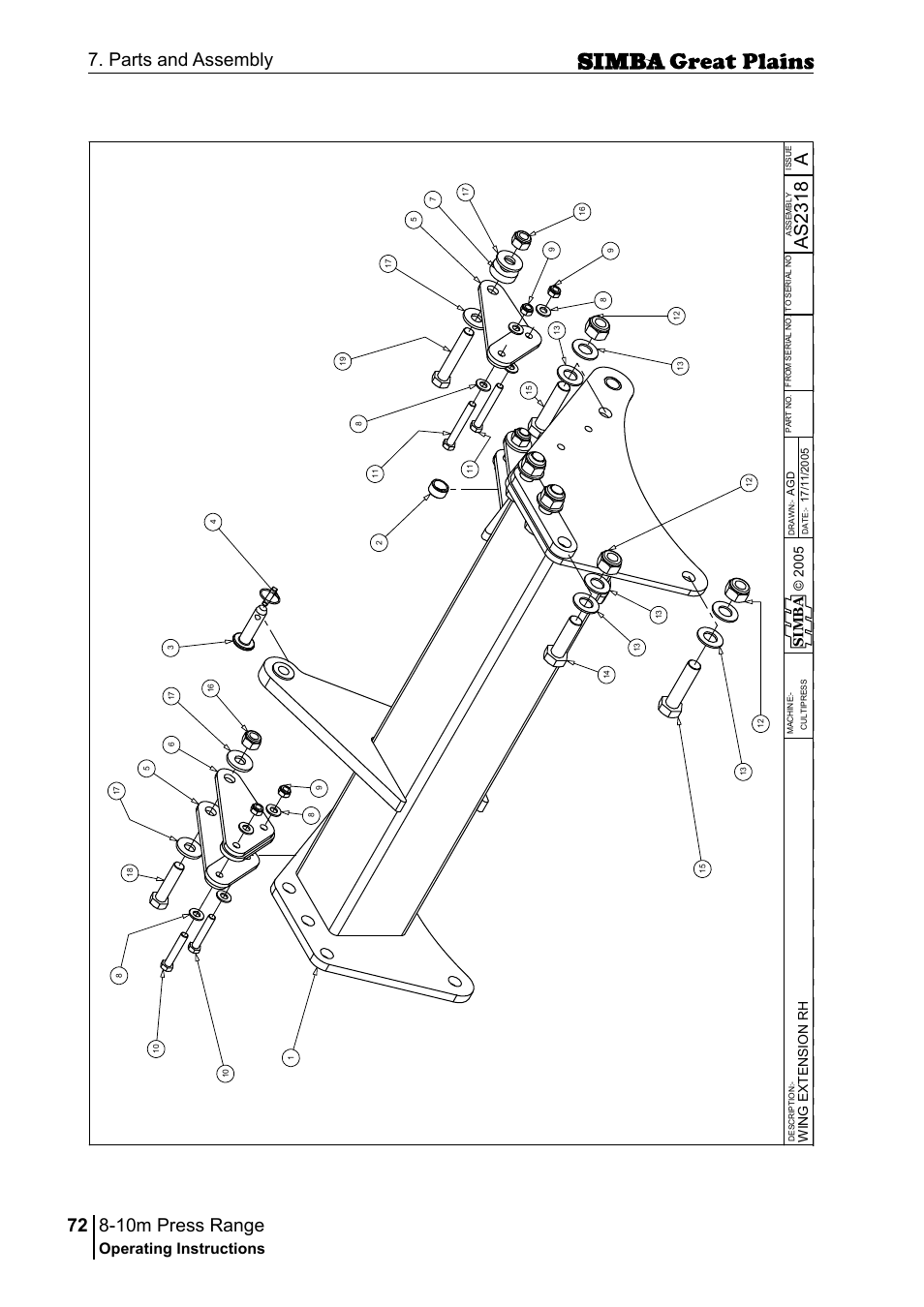 10m press range, 72 7. parts and assembly, Aas 23 18 | Operating instructions, Si m b a | Great Plains P18140C Operator Manual User Manual | Page 72 / 230
