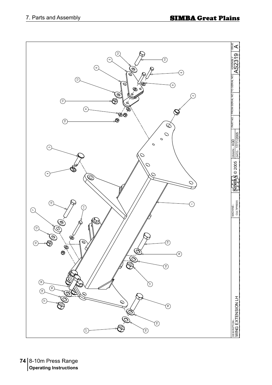 10m press range, 74 7. parts and assembly, Aas 23 19 | Operating instructions, Si m b a | Great Plains P18140C Operator Manual User Manual | Page 74 / 230