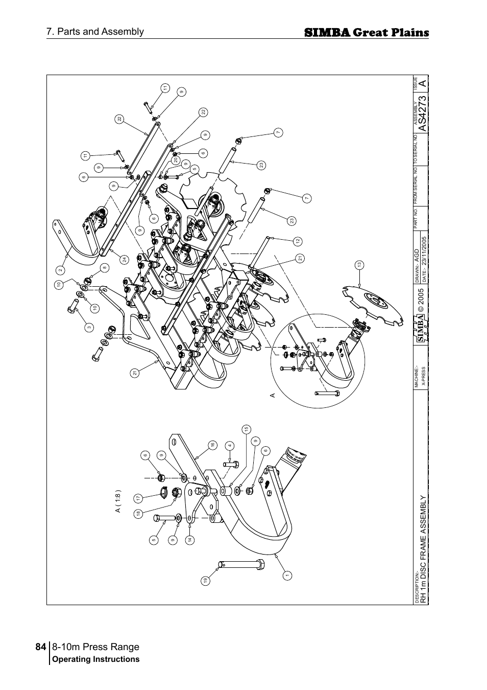 10m press range, 84 7. parts and assembly, Aas 42 73 | Operating instructions, Si m b a, A( 1 :8 ) | Great Plains P18140C Operator Manual User Manual | Page 84 / 230