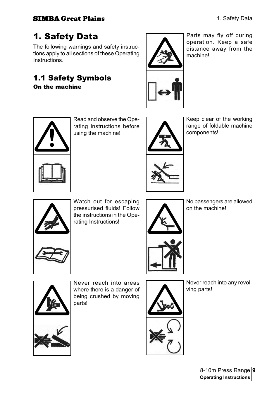 Safety data, 1 safety symbols | Great Plains P18140C Operator Manual User Manual | Page 9 / 230