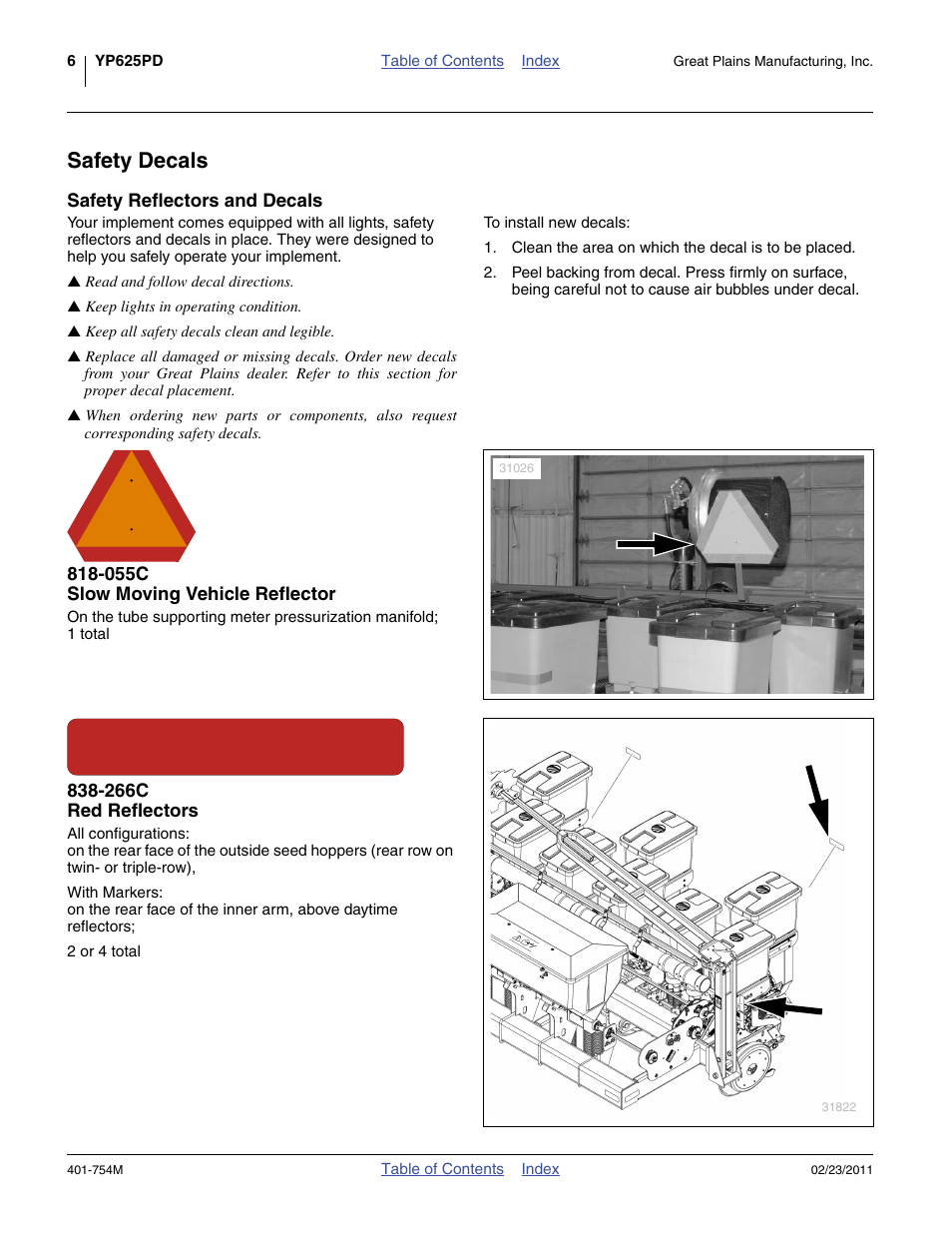 Safety decals, Safety reflectors and decals, 055c slow moving vehicle reflector | 266c red reflectors | Great Plains YP625PD Operator Manual User Manual | Page 10 / 126