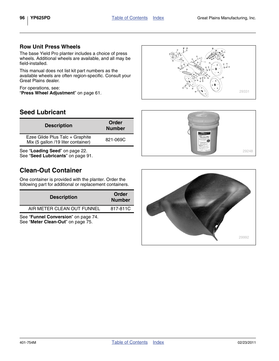 Row unit press wheels, Seed lubricant, Clean-out container | Great Plains YP625PD Operator Manual User Manual | Page 100 / 126
