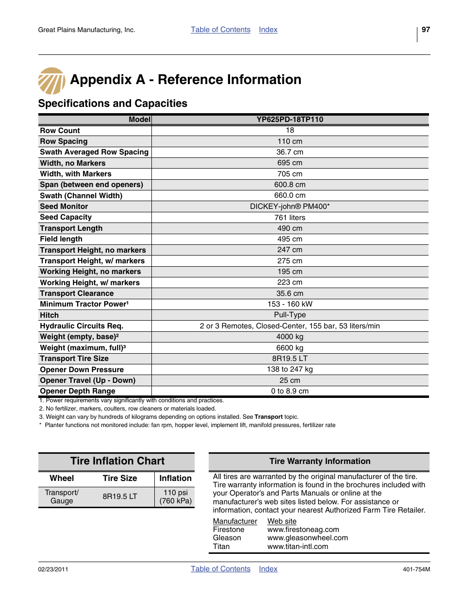 Appendix a - reference information, Specifications and capacities, Tire inflation chart | Or proper inflation. see “ tire, Specifications and capacities tire inflation chart | Great Plains YP625PD Operator Manual User Manual | Page 101 / 126