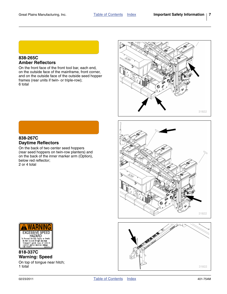 265c amber reflectors, 267c daytime reflectors, 337c warning: speed | Great Plains YP625PD Operator Manual User Manual | Page 11 / 126