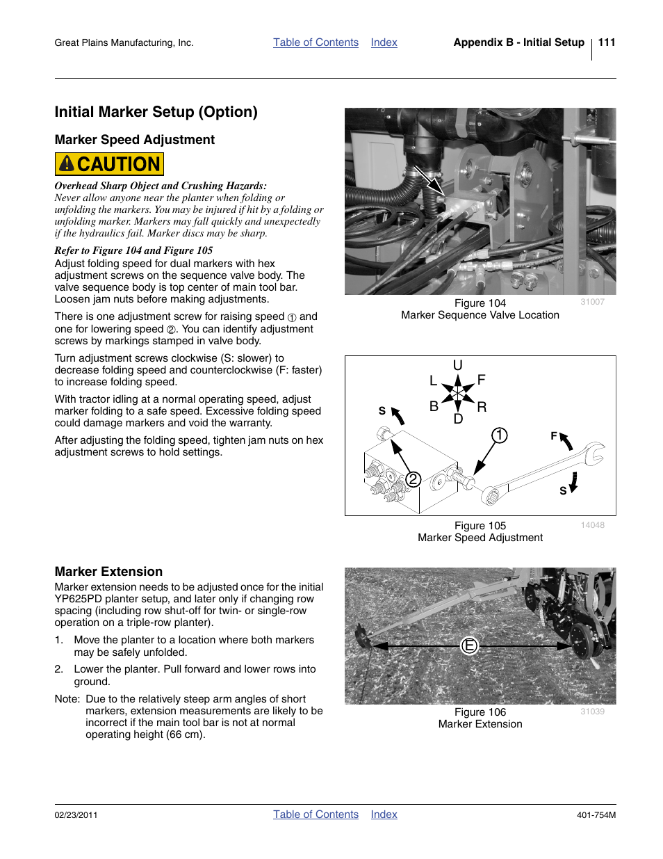 Initial marker setup (option), Marker speed adjustment, Marker extension | Marker speed adjustment marker extension | Great Plains YP625PD Operator Manual User Manual | Page 115 / 126
