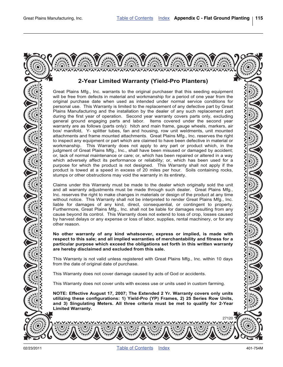 Warranty, Year limited warranty (yield-pro planters) | Great Plains YP625PD Operator Manual User Manual | Page 119 / 126