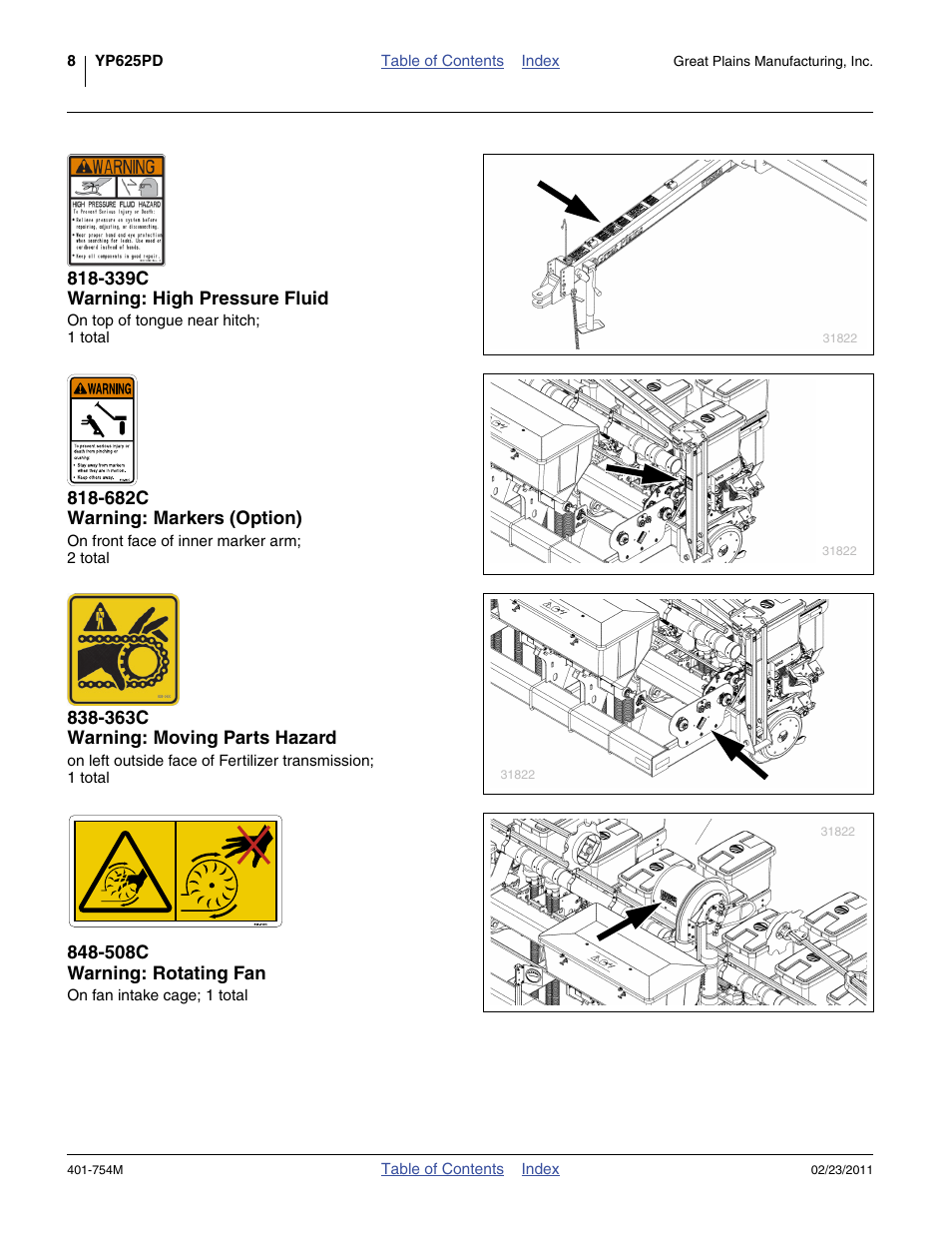 339c warning: high pressure fluid, 682c warning: markers (option), 363c warning: moving parts hazard | 508c warning: rotating fan | Great Plains YP625PD Operator Manual User Manual | Page 12 / 126