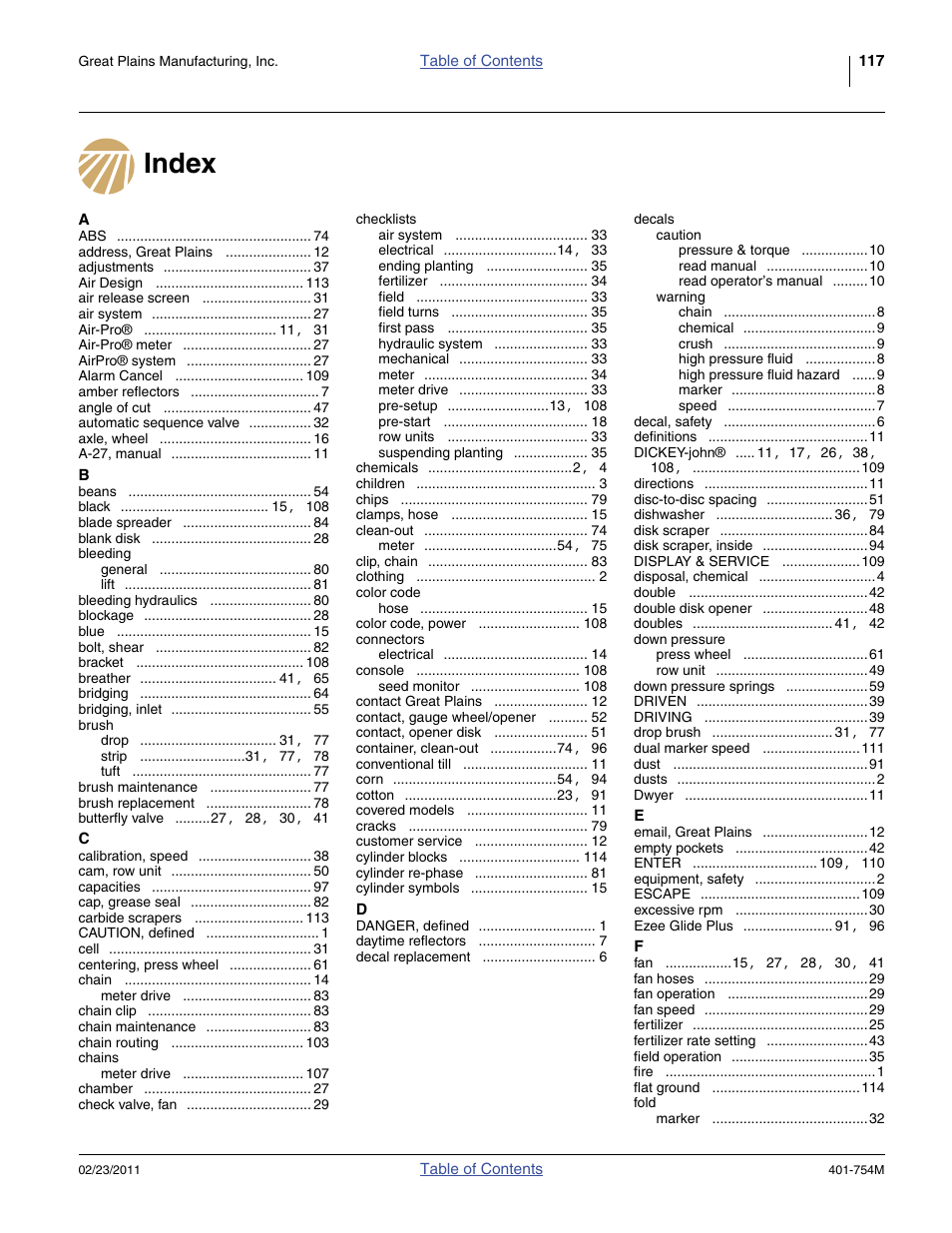 Index | Great Plains YP625PD Operator Manual User Manual | Page 121 / 126