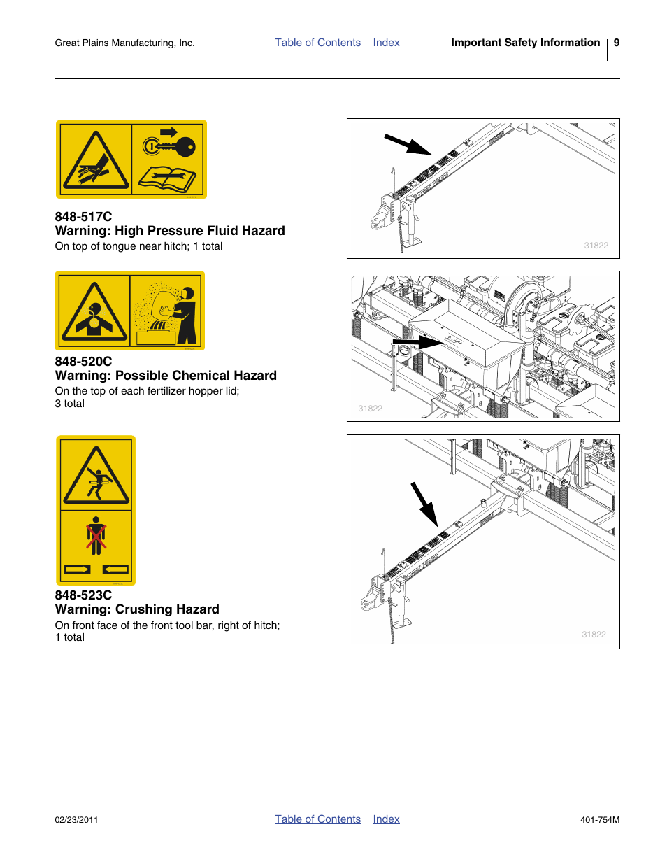 517c warning: high pressure fluid hazard, 520c warning: possible chemical hazard, 523c warning: crushing hazard | Great Plains YP625PD Operator Manual User Manual | Page 13 / 126