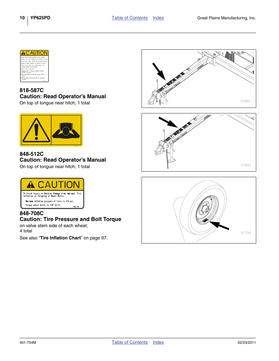 587c caution: read operator’s manual, 512c caution: read operator’s manual, 708c caution: tire pressure and bolt torque | Great Plains YP625PD Operator Manual User Manual | Page 14 / 126