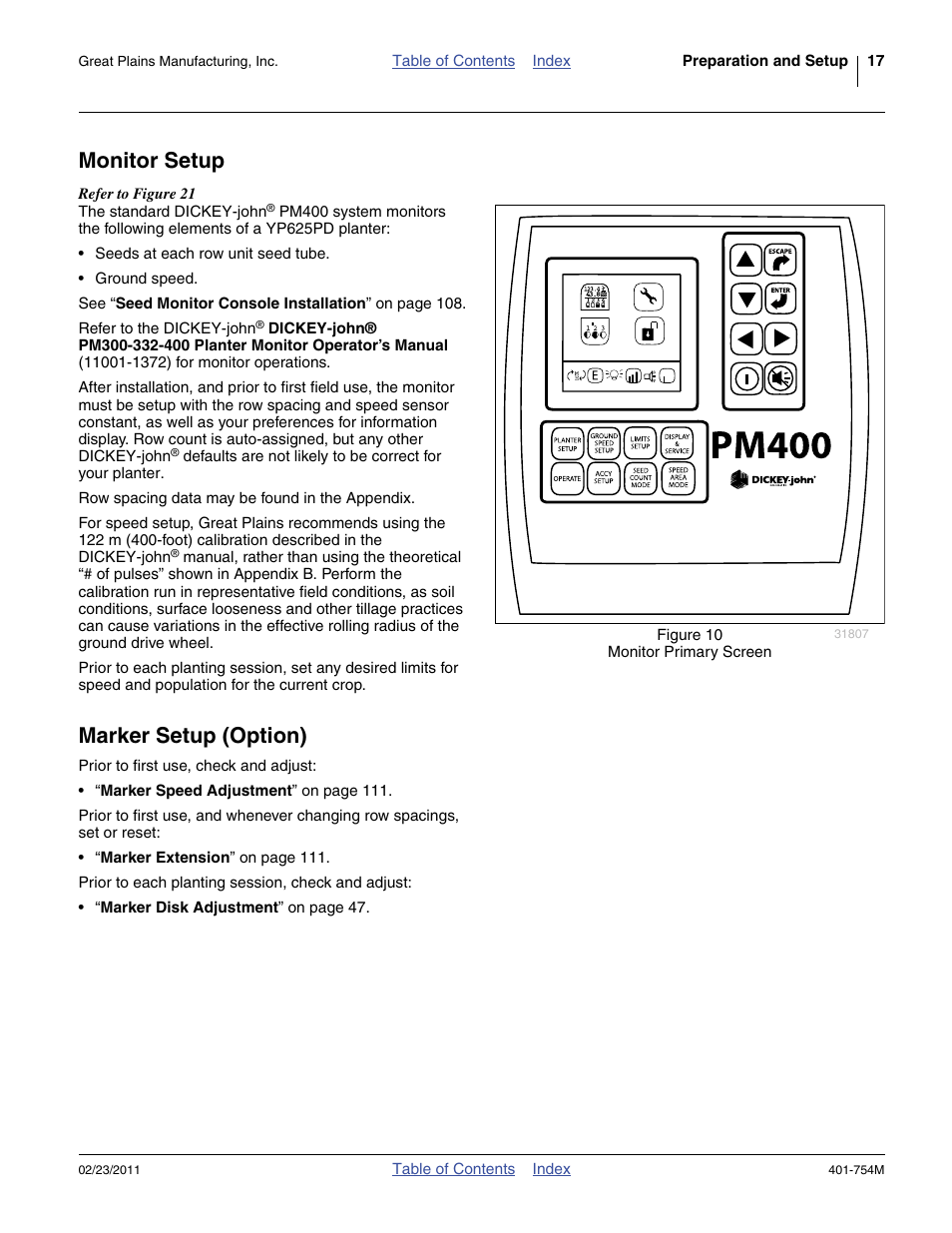 Monitor setup, Marker setup (option), Monitor setup marker setup (option) | Great Plains YP625PD Operator Manual User Manual | Page 21 / 126