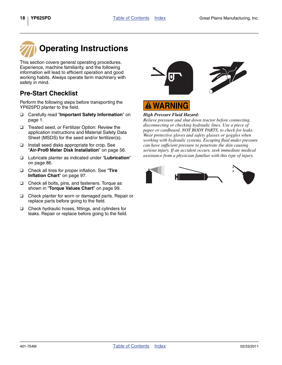 Operating instructions, Pre-start checklist, Operating instructions pre-start checklist | Great Plains YP625PD Operator Manual User Manual | Page 22 / 126