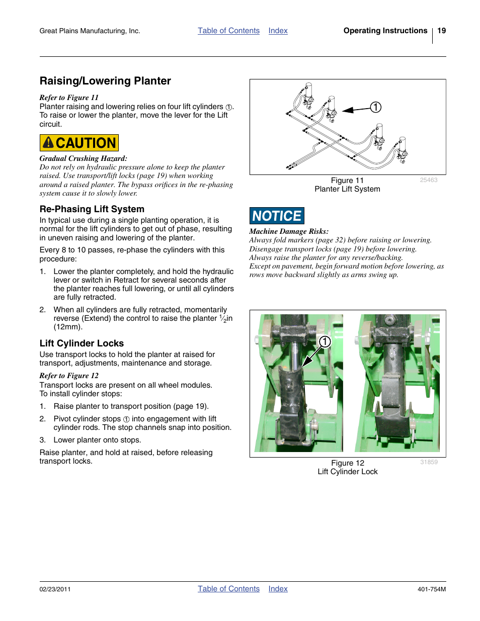 Raising/lowering planter, Re-phasing lift system, Lift cylinder locks | Re-phasing lift system lift cylinder locks | Great Plains YP625PD Operator Manual User Manual | Page 23 / 126