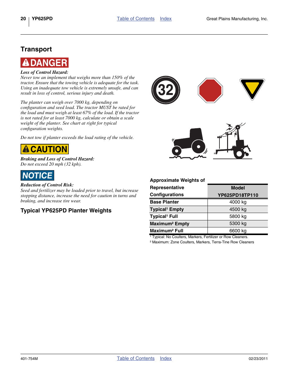 Transport, Typical yp625pd planter weights | Great Plains YP625PD Operator Manual User Manual | Page 24 / 126