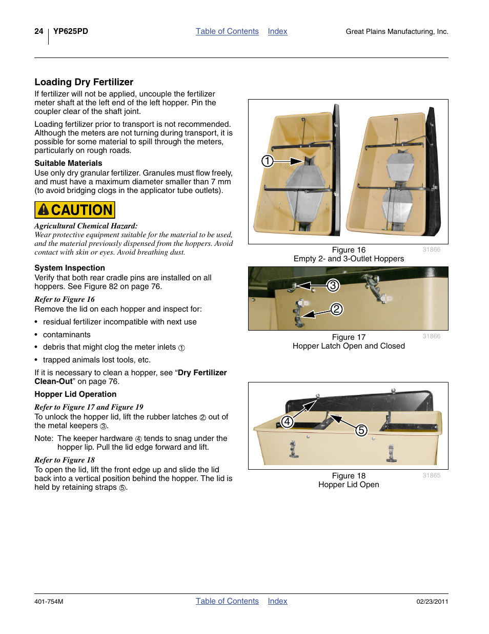 Loading dry fertilizer, Suitable materials, System inspection | Hopper lid operation | Great Plains YP625PD Operator Manual User Manual | Page 28 / 126