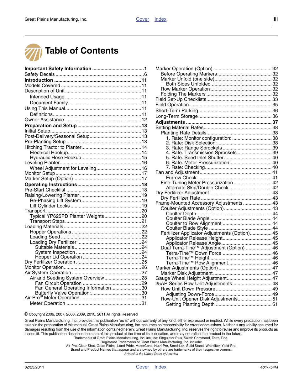Great Plains YP625PD Operator Manual User Manual | Page 3 / 126