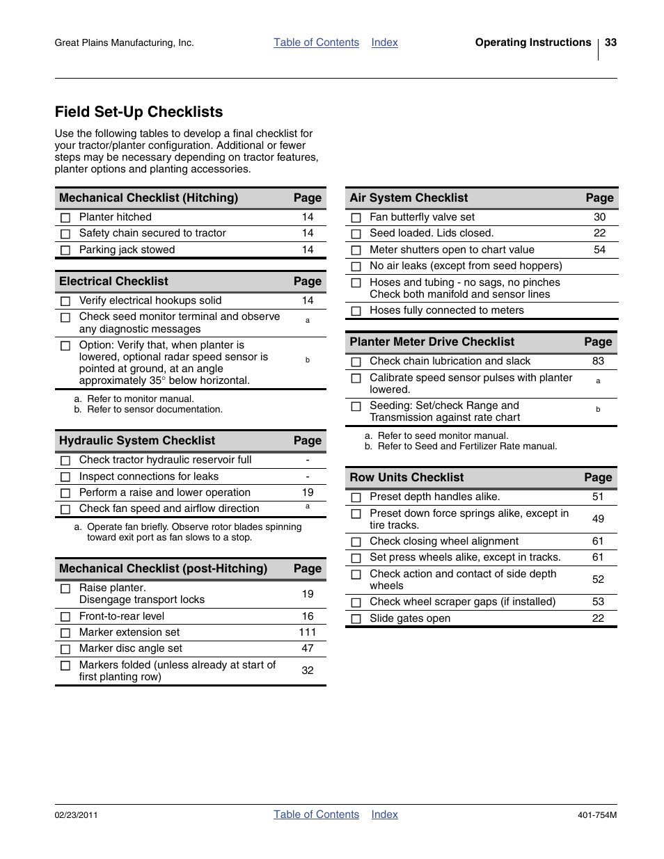 Field set-up checklists | Great Plains YP625PD Operator Manual User Manual | Page 37 / 126