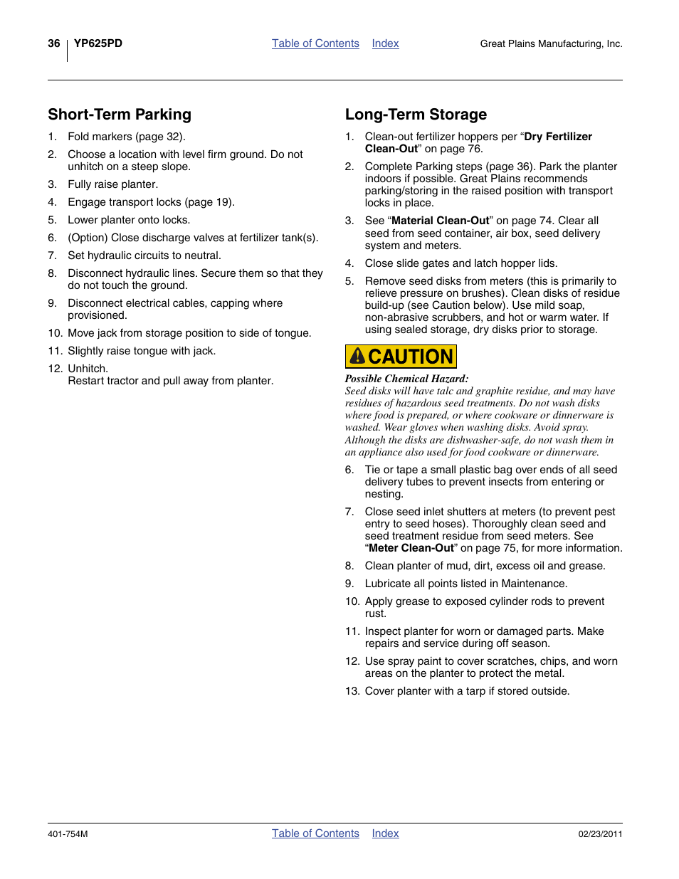 Short-term parking, Long-term storage, Short-term parking long-term storage | Great Plains YP625PD Operator Manual User Manual | Page 40 / 126
