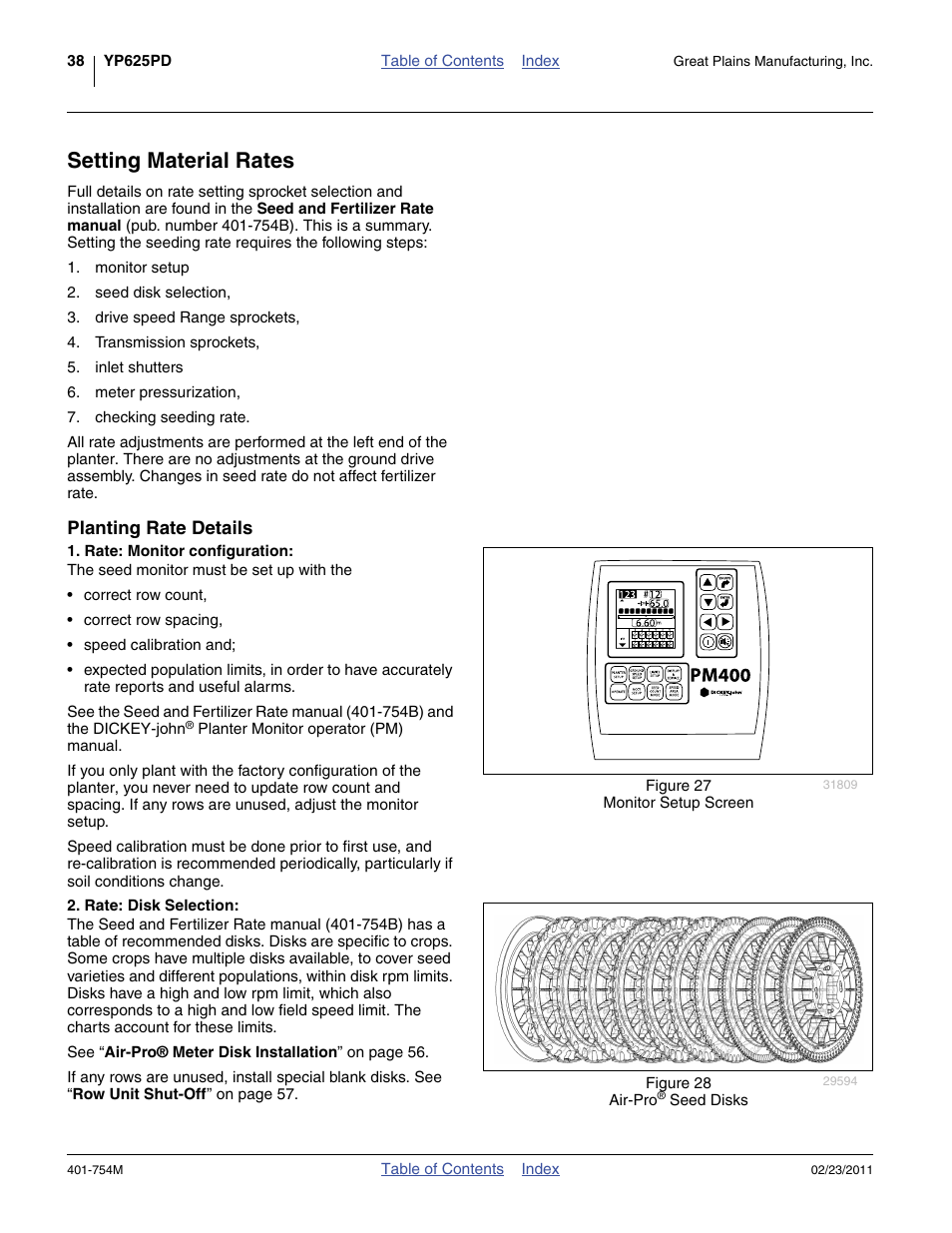 Setting material rates, Planting rate details, Rate: monitor configuration | Rate: disk selection | Great Plains YP625PD Operator Manual User Manual | Page 42 / 126