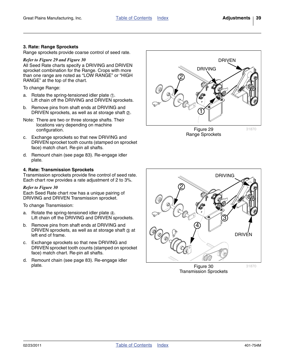 Rate: range sprockets, Rate: transmission sprockets | Great Plains YP625PD Operator Manual User Manual | Page 43 / 126