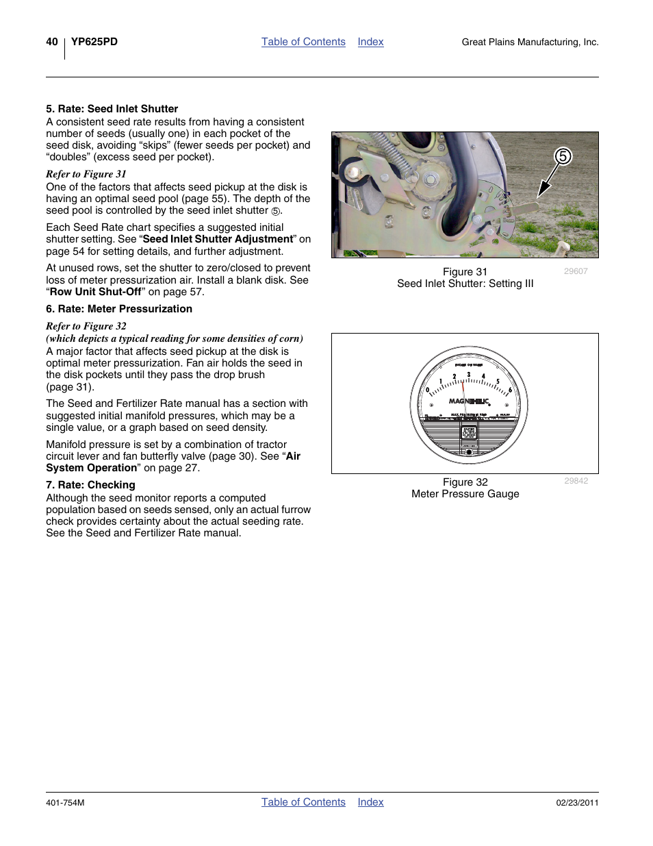 Rate: seed inlet shutter, Rate: meter pressurization, Rate: checking | Great Plains YP625PD Operator Manual User Manual | Page 44 / 126