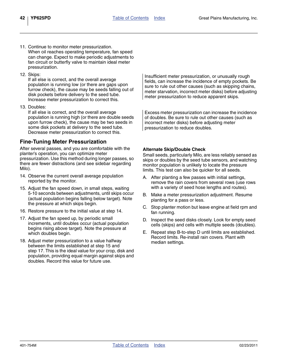 Fine-tuning meter pressurization, Alternate skip/double check, Use the “ alternate skip/double check ” belo | Great Plains YP625PD Operator Manual User Manual | Page 46 / 126